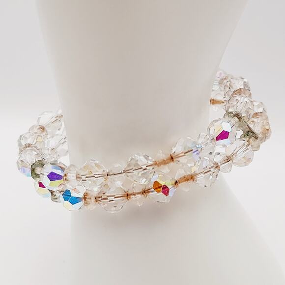 Vintage 1950s Clear Aurora Borealis Crystal Bracelet – Two Strand Memory Wire - Picture 1 of 9